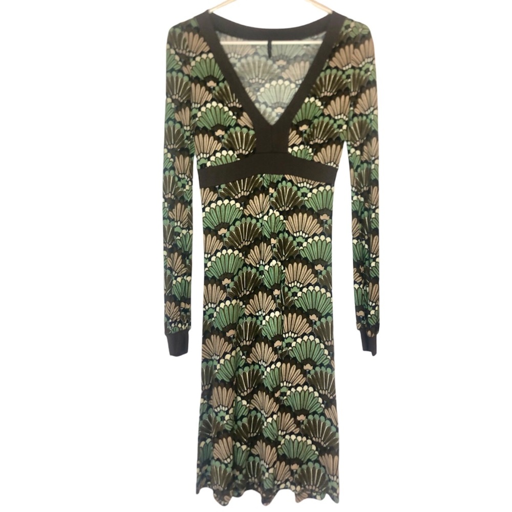 NAF NAF Long Sleeve Stretch Dress with Art Deco Fan Print